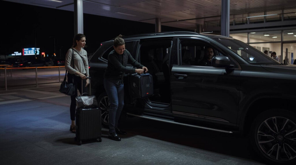 imagen de persona en el aeropuerto de santiago de chile con su maletas y atendidos por el chofer subiendo en una suv que los buscara con estilo moderna y sin texto y un poco oscuro (1)