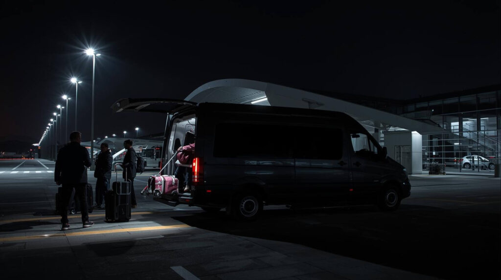 vehiculo van con varias personas subiendose y sus maletas en el aeropuerto de sntiago de chile con estilo oscuro y moderno (1)